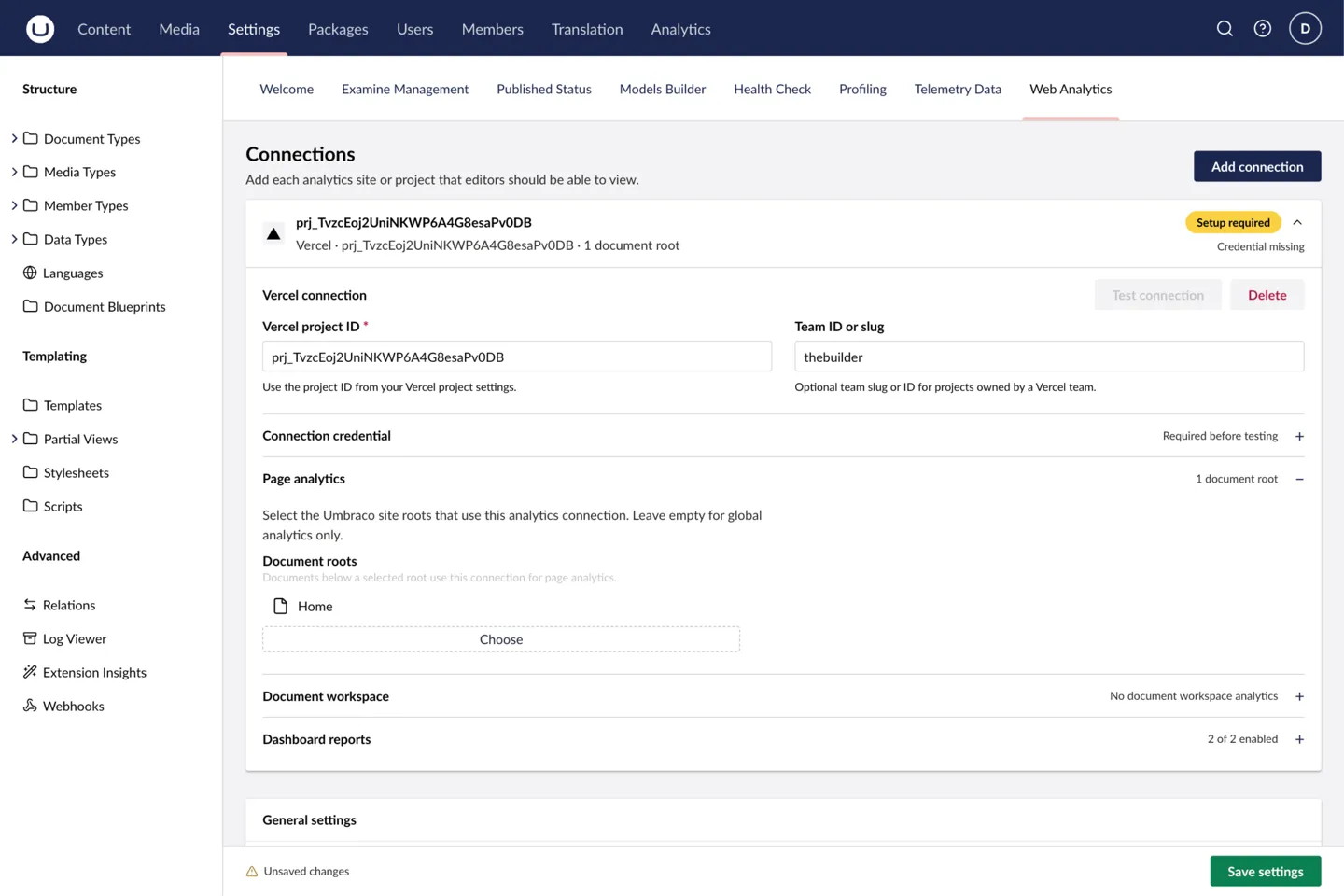 A Vercel connection mapped to the Home document root