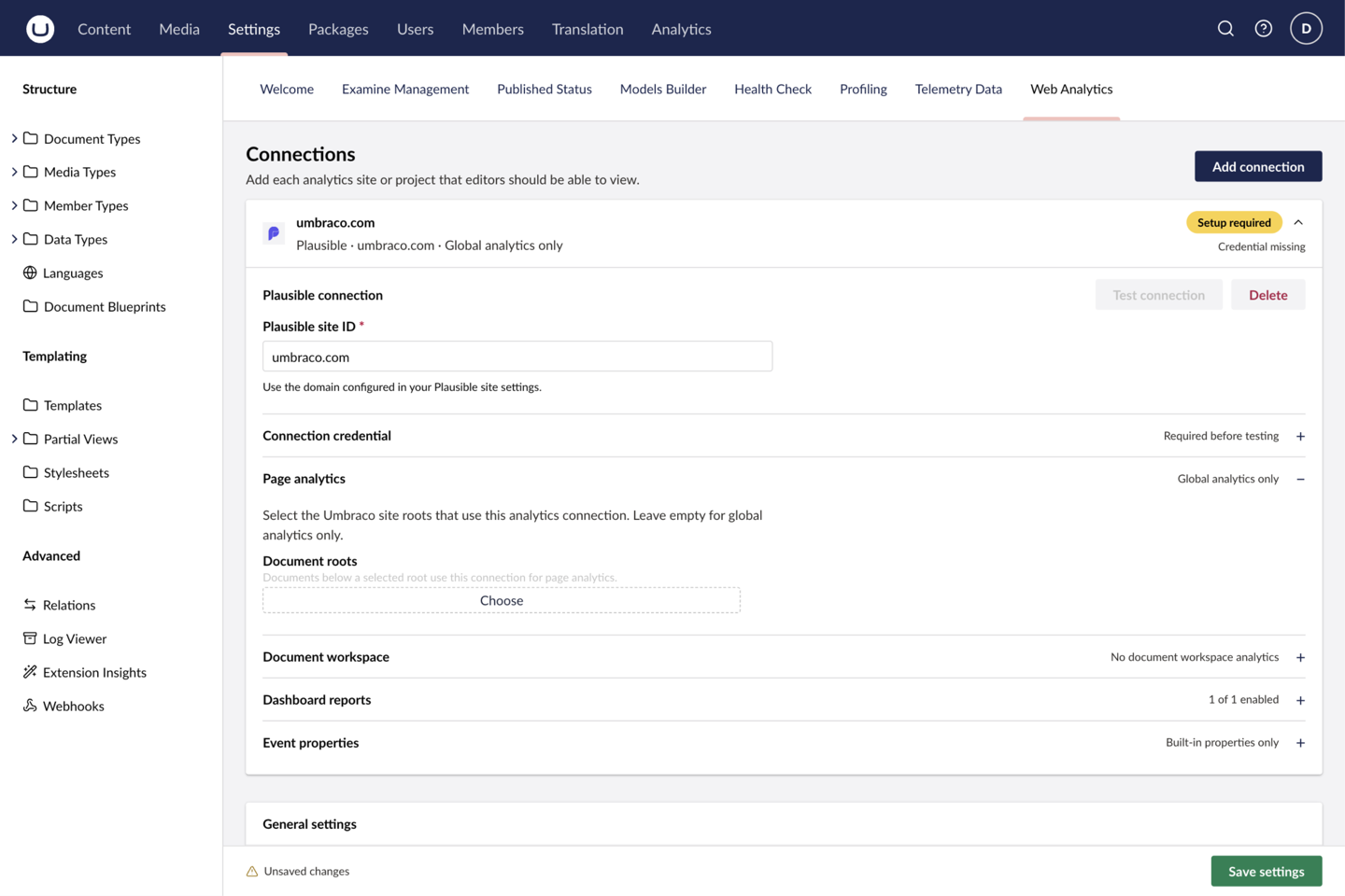 The Web Analytics connection settings screen in Umbraco, with Test connection.