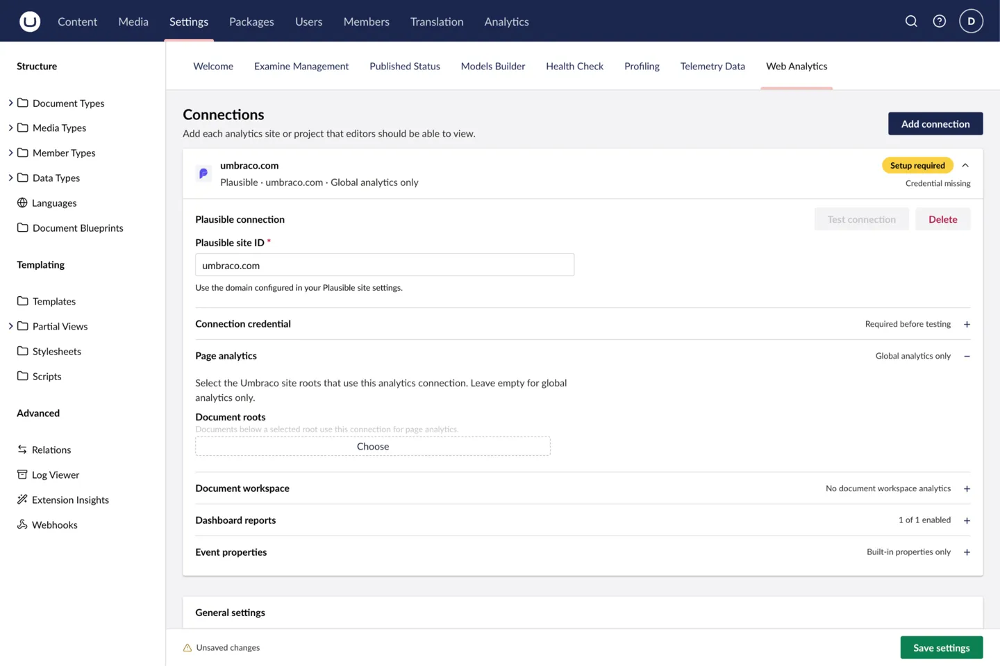 A Plausible connection in the Web Analytics settings screen